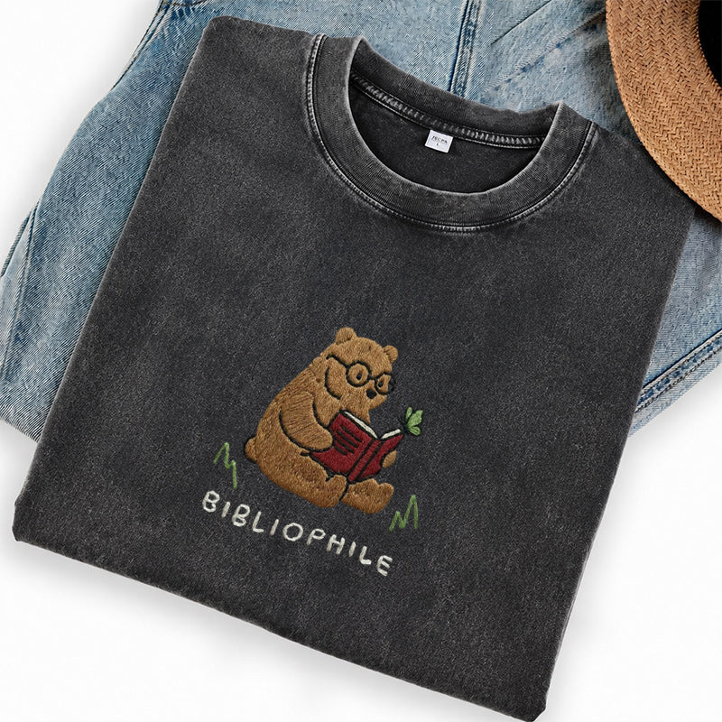 Embroidered Reading Bear Washed Crew Neck T-Shirt