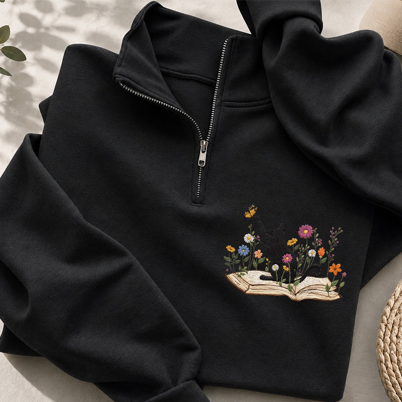 Embroidered Floral Book Cat Classic Quarter Zip Sweatshirt