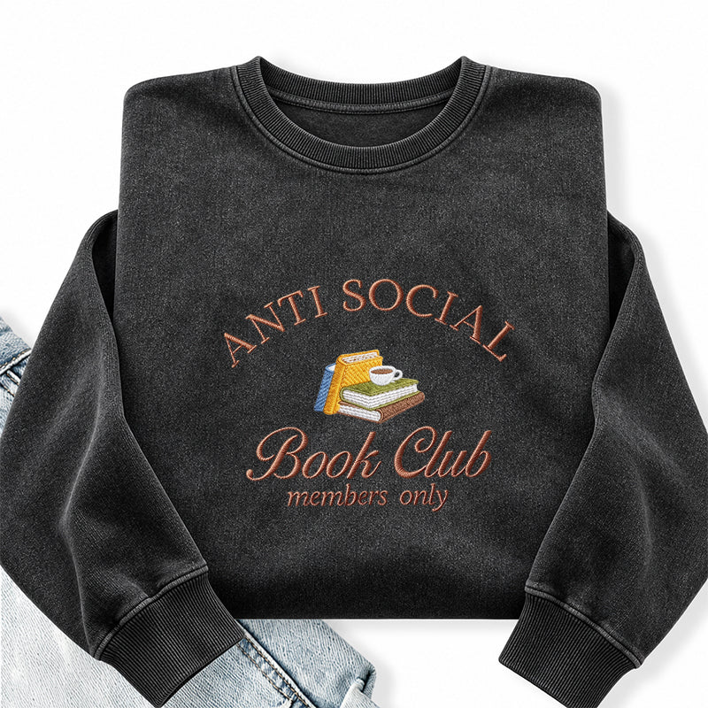 Embroidered Anti Social Book Club Washed Crewneck Sweatshirt