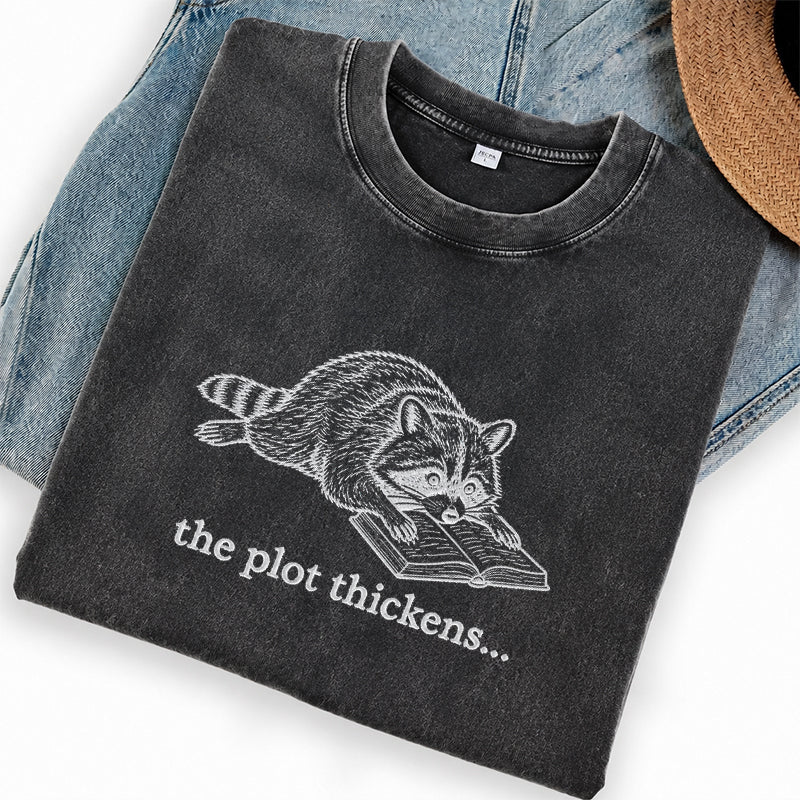 Embroidered The Plot Thickens Reading Raccoon Washed Crew Neck T-Shirt