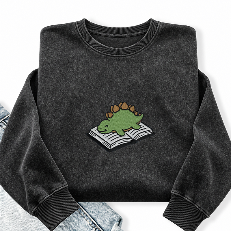 Embroidered Dinosaur Reading Books Washed Crewneck Sweatshirt