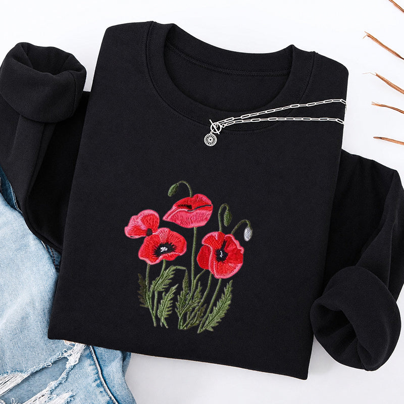 Embroidered Poppy Flower Classic Crewneck Sweatshirt