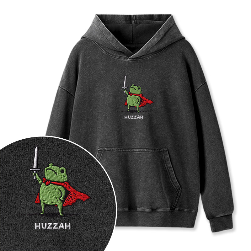 Embroidered Huzzah Frog with Sword Washed Hoodie