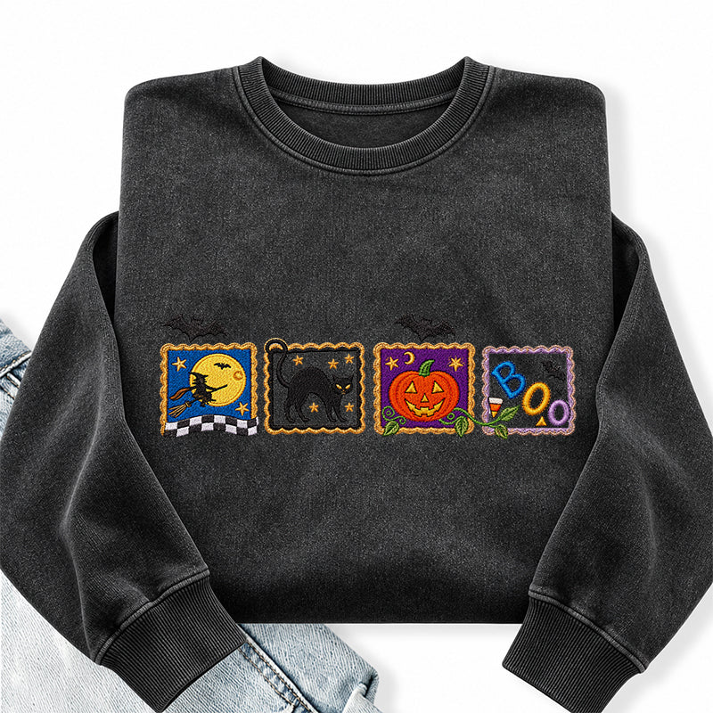 Embroidered Retro Halloween Washed Crewneck Sweatshirt