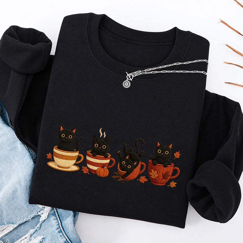 Embroidered Black Cat Coffee Classic Crewneck Sweatshirt