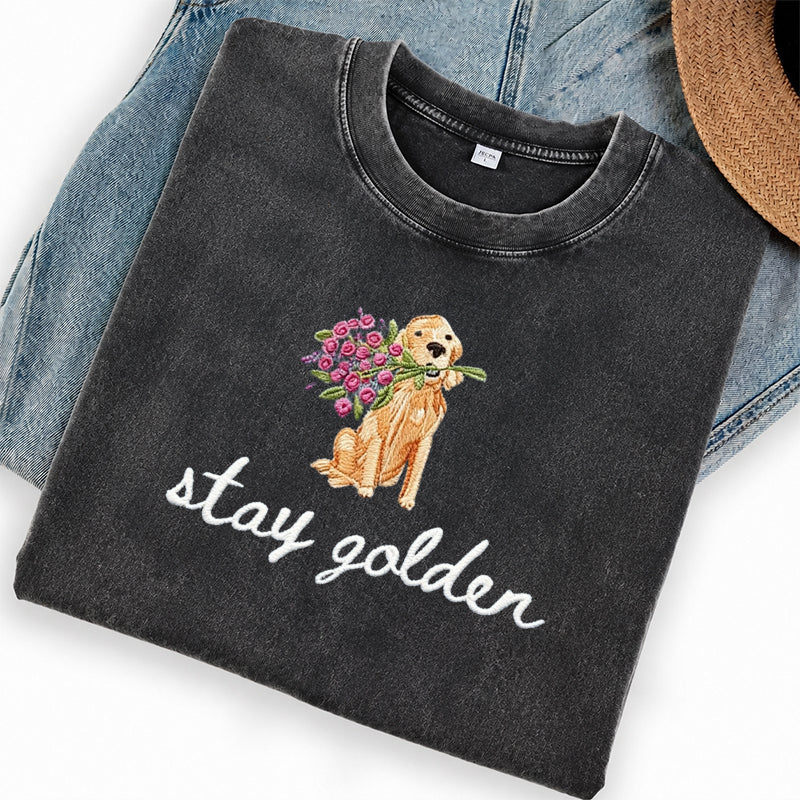 Embroidered Stay Golden Washed Crew Neck T-Shirt