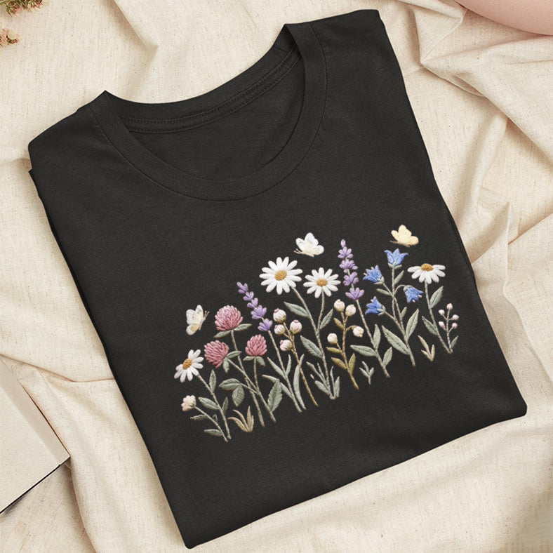 Embroidered Wildflower Classic Adult Unisex Crew Neck T-Shirt