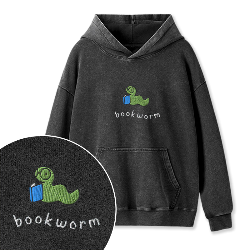 Embroidered Funny Bookworm Washed Hoodie