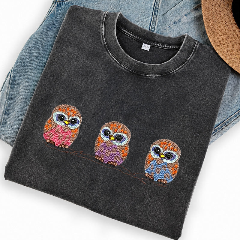 Embroidered Cute Owl Washed Crew Neck T-Shirt