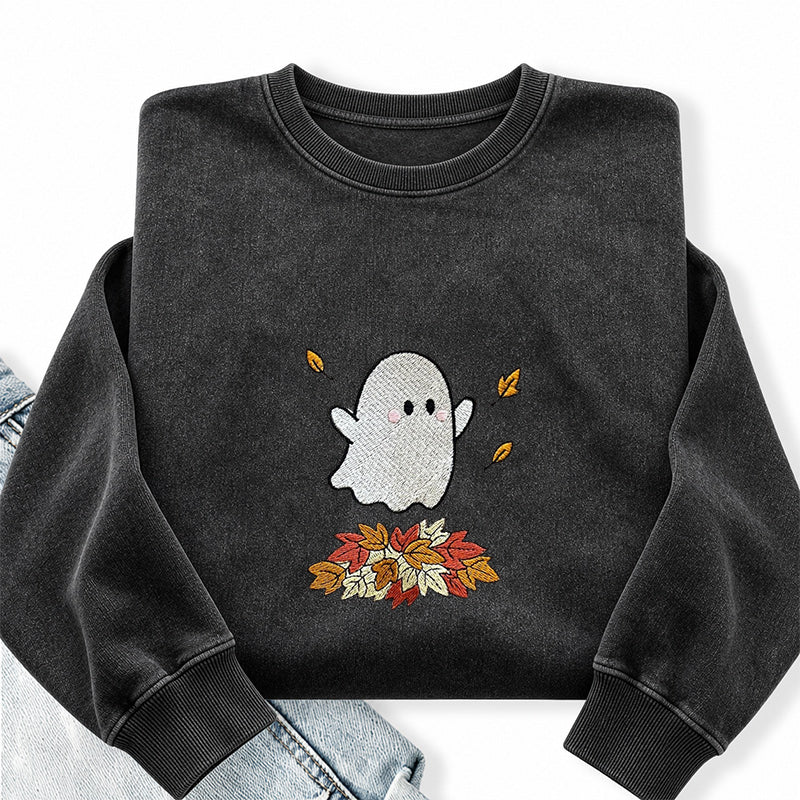 Embroidered Fall Ghost Washed Crewneck Sweatshirt