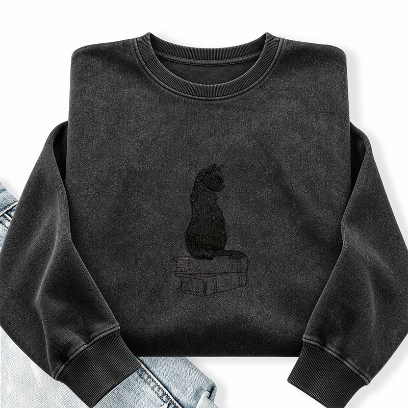 Embroidered Black Cat On Book Washed Crewneck Sweatshirt