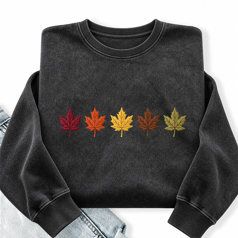 Embroidered Fall Maple Leaves Washed Crewneck Sweatshirt