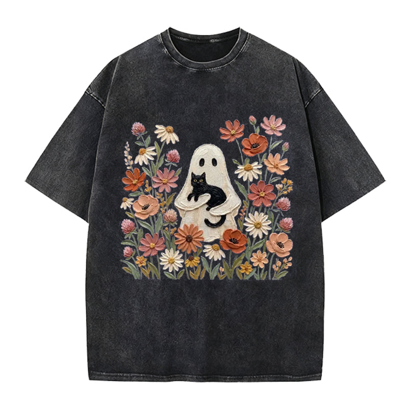 Black Cat Floral Ghost Washed Crew Neck T-Shirt