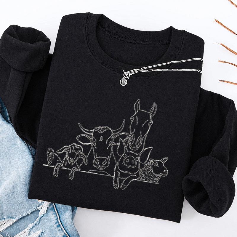 Embroidered Horse Cow Pig Farm Animals Classic Crewneck Sweatshirt
