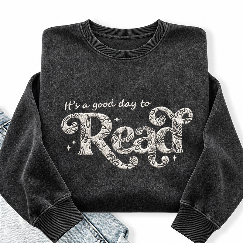 Embroidered Floral A Good Day To Read Washed Crewneck Sweatshirt