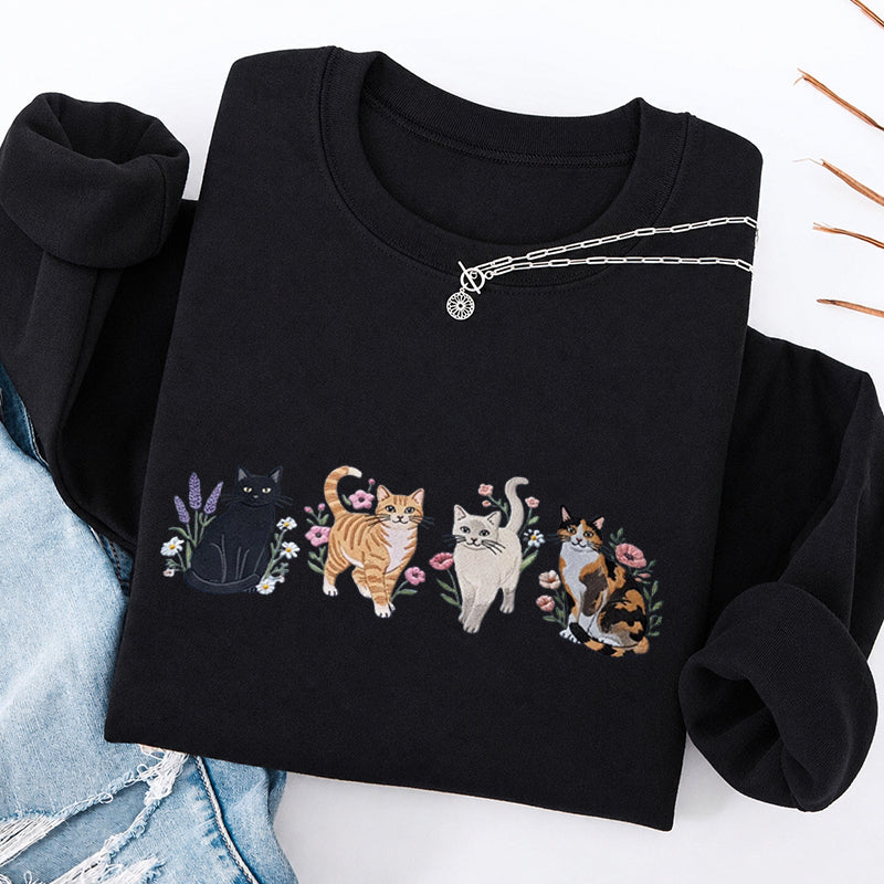 Embroidered Cats And Flowers Classic Crewneck Sweatshirt