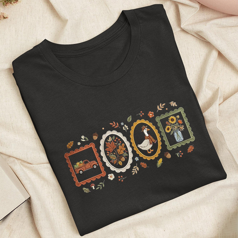 Embroidered Autumn Postcards Classic Adult Unisex Crew Neck T-Shirt