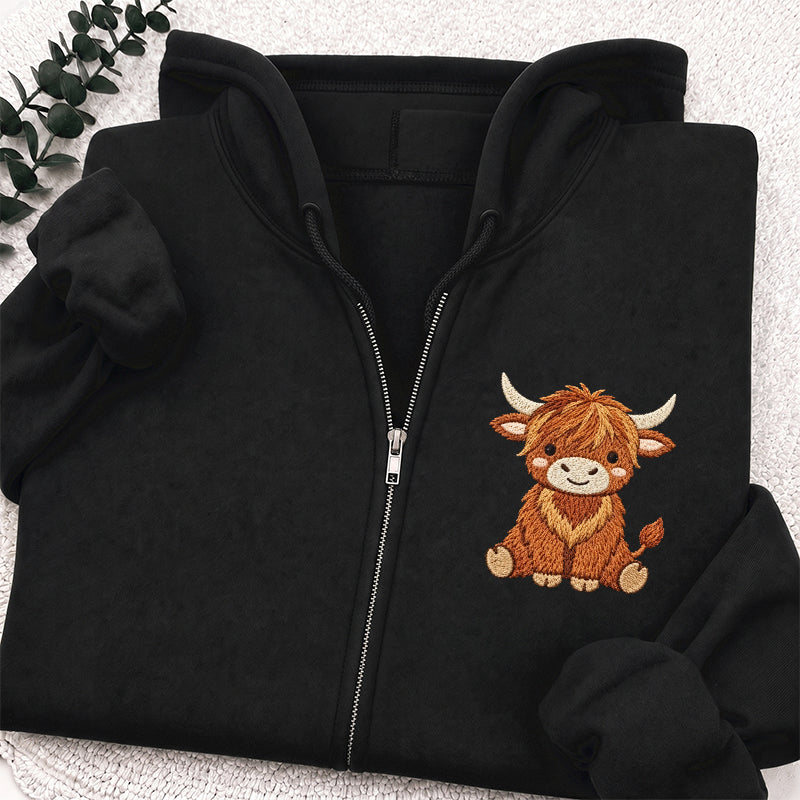 Embroidered Highland Cow Classic Full Zip Hoodie