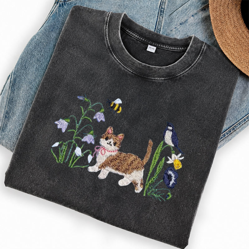 Embroidered Cat Wildflower Washed Crew Neck T-Shirt