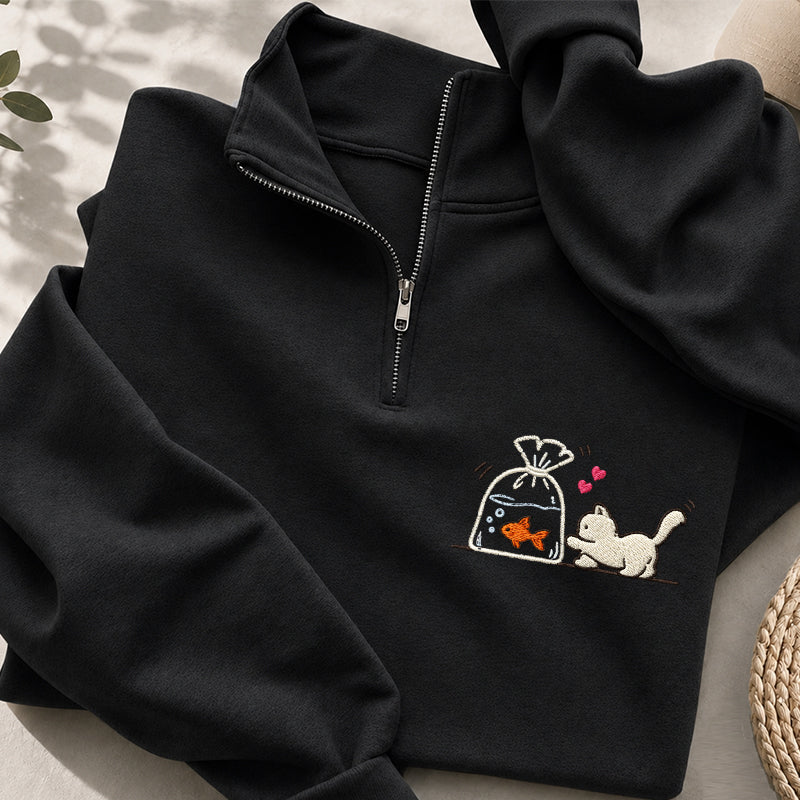 Embroidered Kitten Goldfish Classic Quarter Zip Sweatshirt