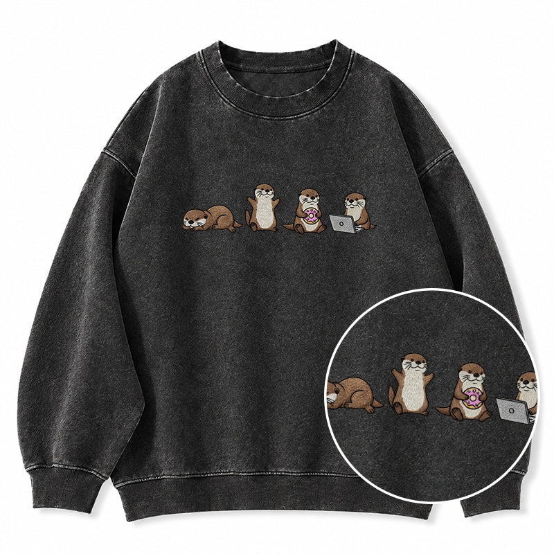 Embroidered Sea Otters Washed Crewneck Sweatshirt
