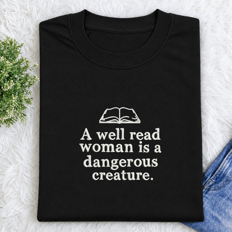 Embroidered A Well Read Woman Classic Crew Neck T-Shirt