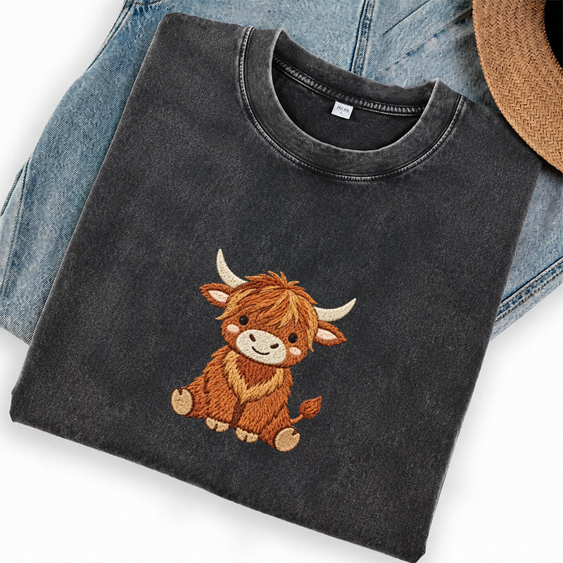 Embroidered Highland Cow Washed Crew Neck T-Shirt