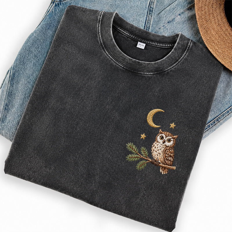 Embroidered Night Owl Washed Crew Neck T-Shirt