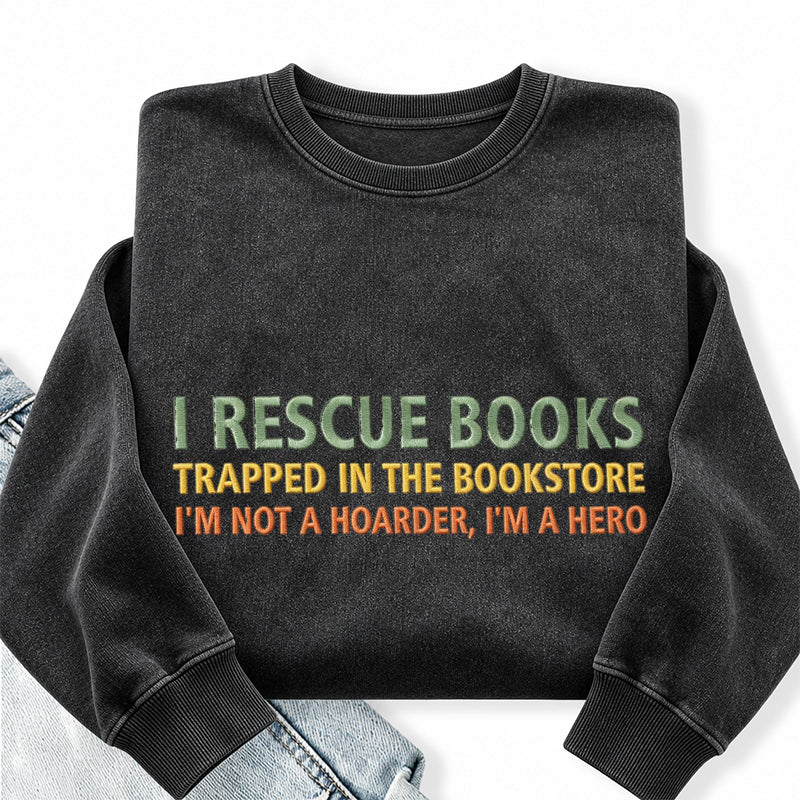 Embroidered I Rescue Books Washed Crewneck Sweatshirt