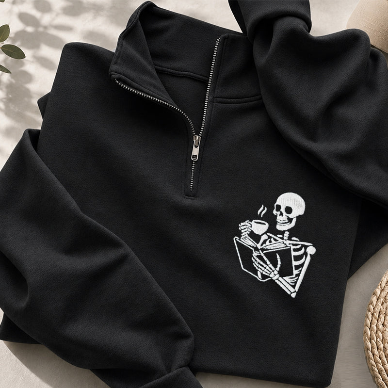 Embroidered Skeleton Coffee And Books Classic Quarter Zip Sweatshirt