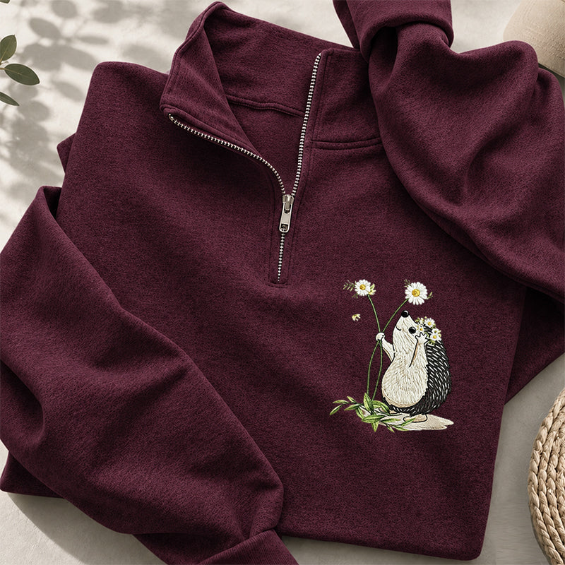 Embroidered Hedgehog Daisy Classic Quarter Zip Sweatshirt