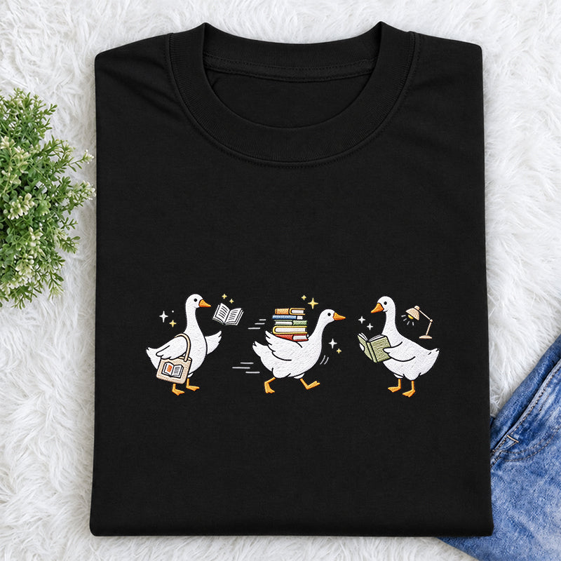 Embroidered Goose Reading Books Classic Crew Neck T-Shirt