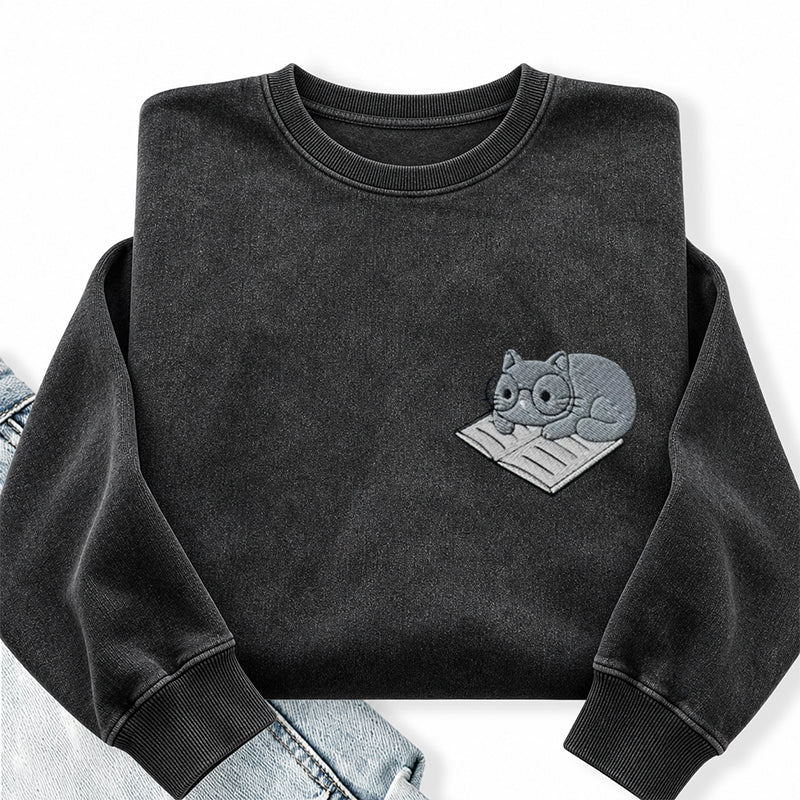 Embroidered Cat On Book Washed Crewneck Sweatshirt