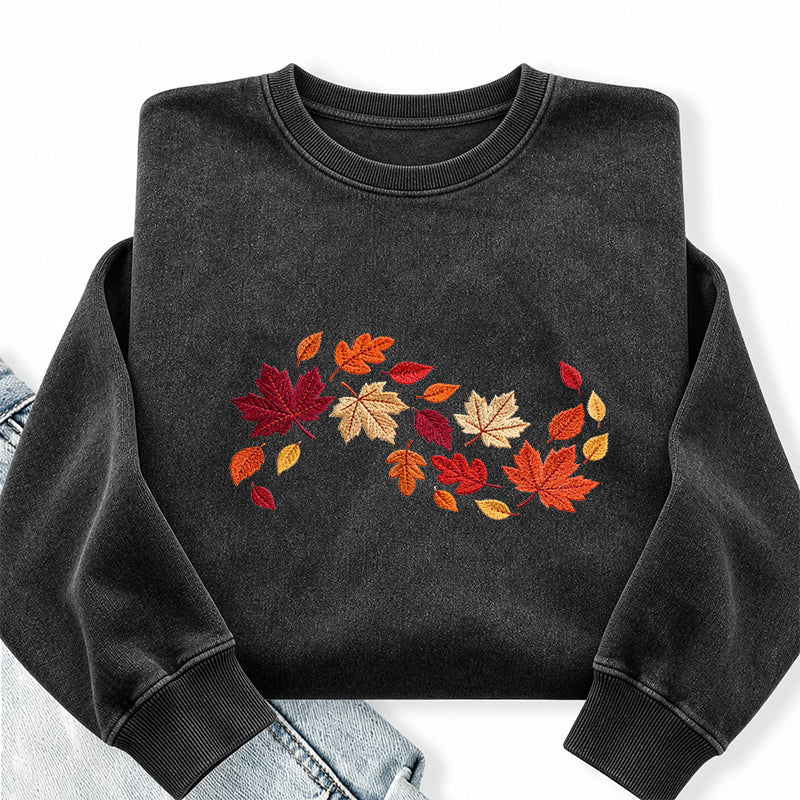 Embroidered Autumn Leaves Washed Crewneck Sweatshirt