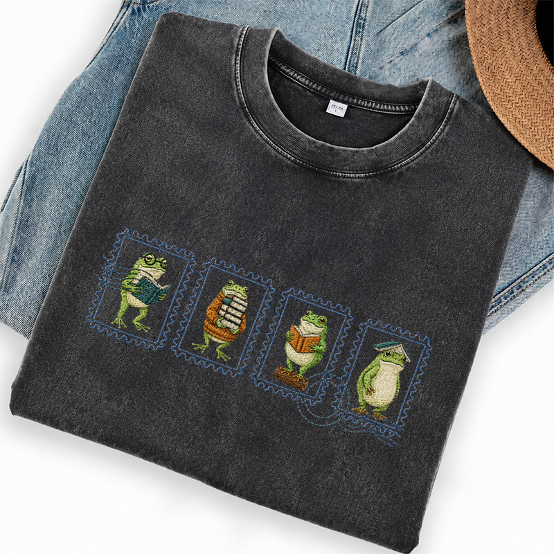 Embroidered Bookish Frog Stamp Washed Crew Neck T-Shirt