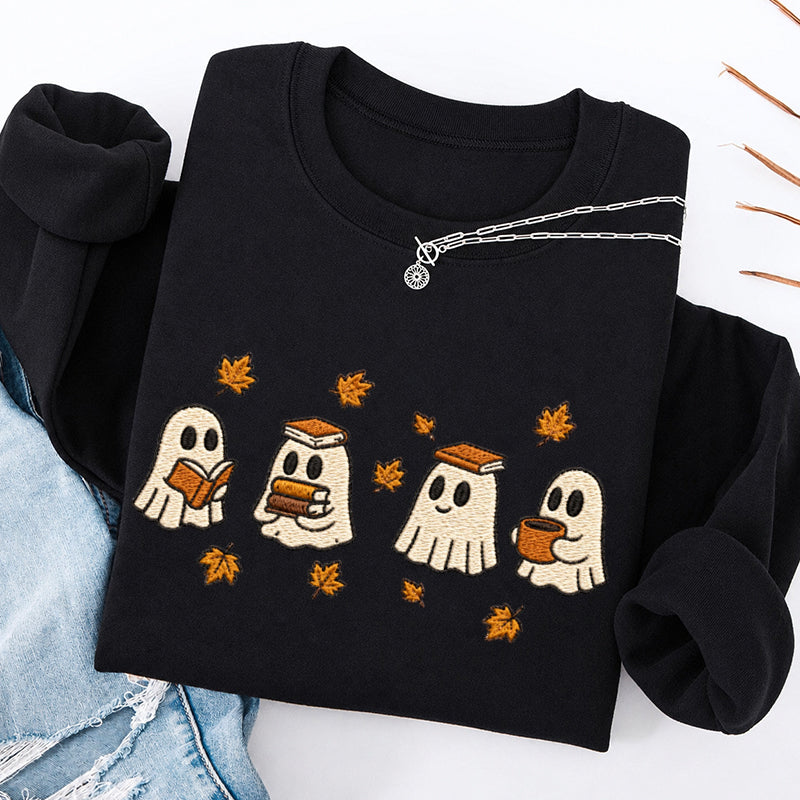Embroidered Autumn Bookish Ghost Crewneck Sweatshirt