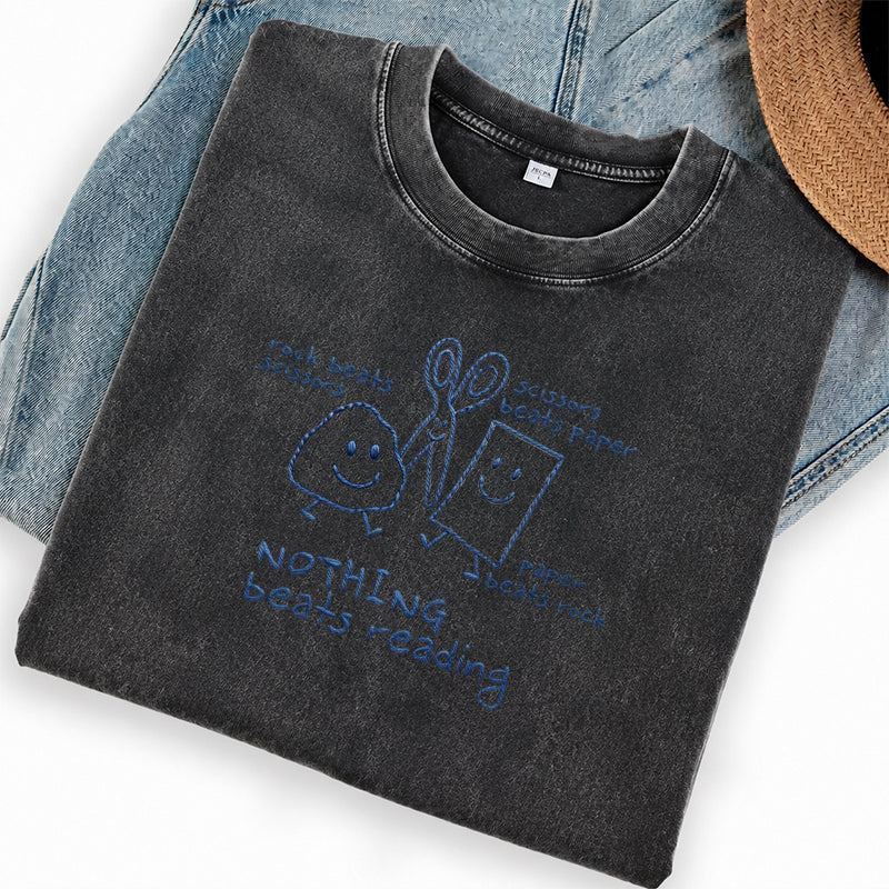 Embroidered Nothing Beats Reading Washed Crew Neck T-Shirt