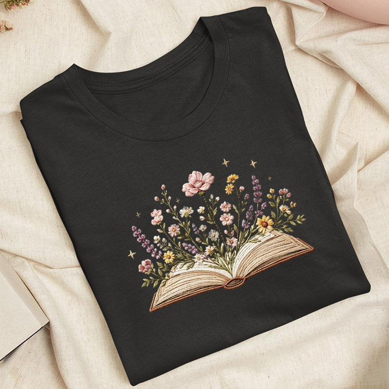 Embroidered Floral Book Classic Adult Unisex Crew Neck T-Shirt