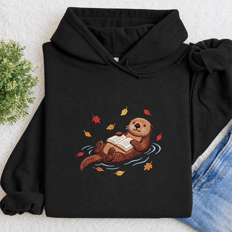 Embroidered Otter Reading Books Classic Adult Unisex Hoodie