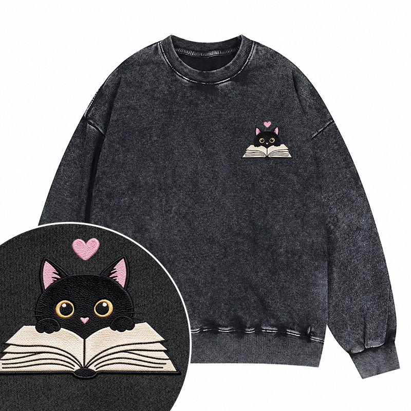 Embroidered Reading Black Cat Washed Crewneck Sweatshirt