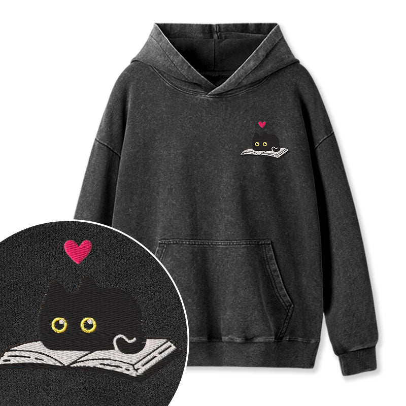 Embroidered Black Cat and Book Washed Hoodie