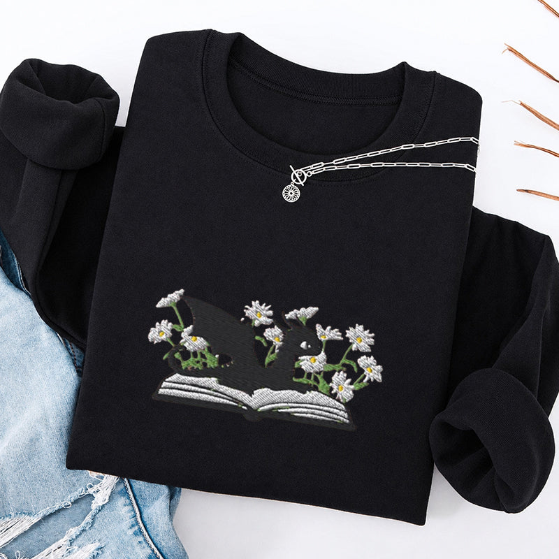 Embroidered Floral Dragon Book Classic Crewneck Sweatshirt