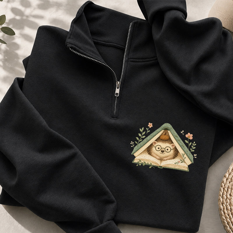 Embroidered Reading Hedgehog Classic Quarter Zip Sweatshirt