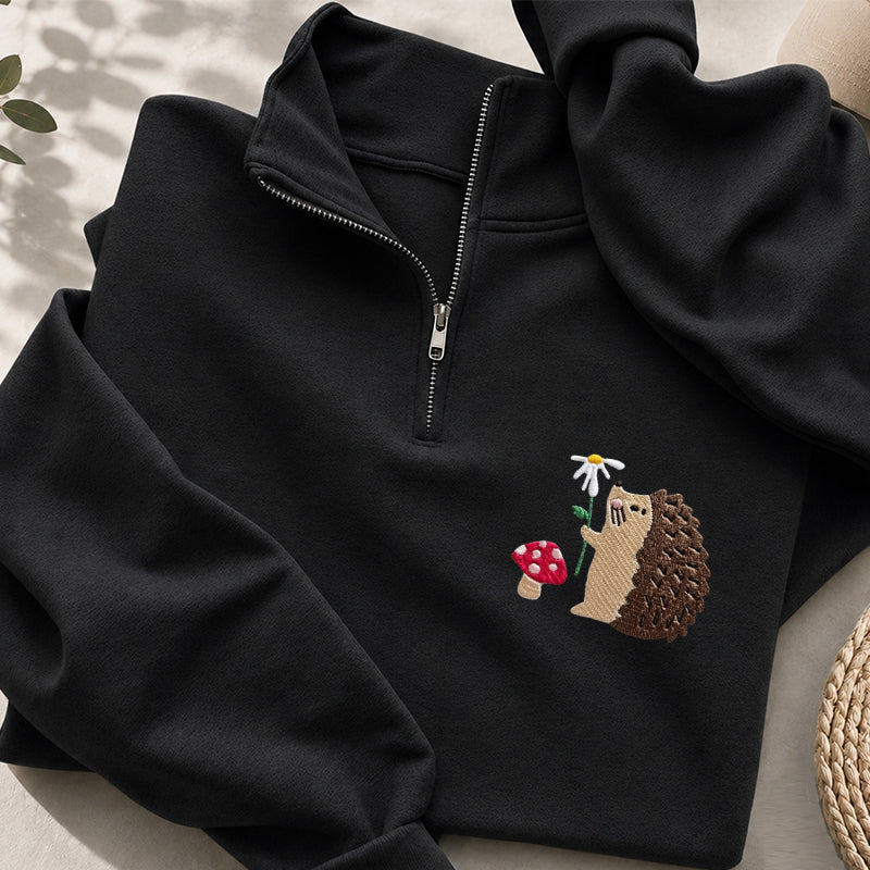 Embroidered Mushroom Hedgehog Classic Quarter Zip Sweatshirt