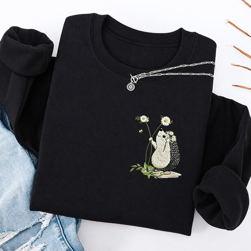 Embroidered Hedgehog Daisy Classic Crewneck Sweatshirt