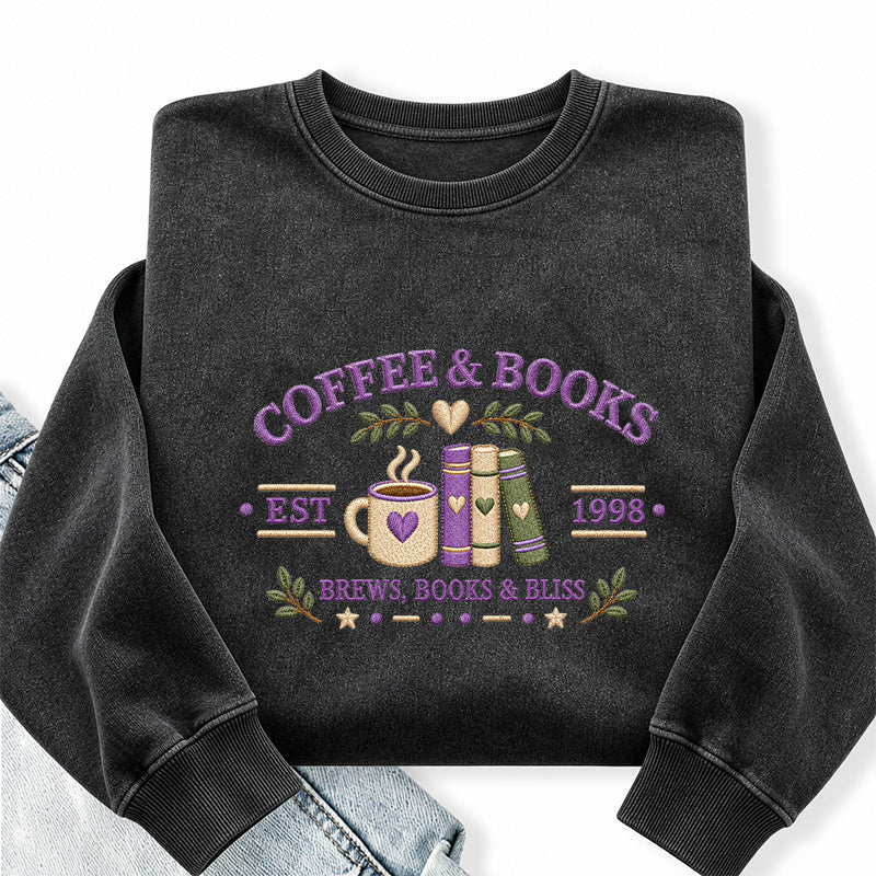 Embroidered Coffee and Books Washed Crewneck Sweatshirt