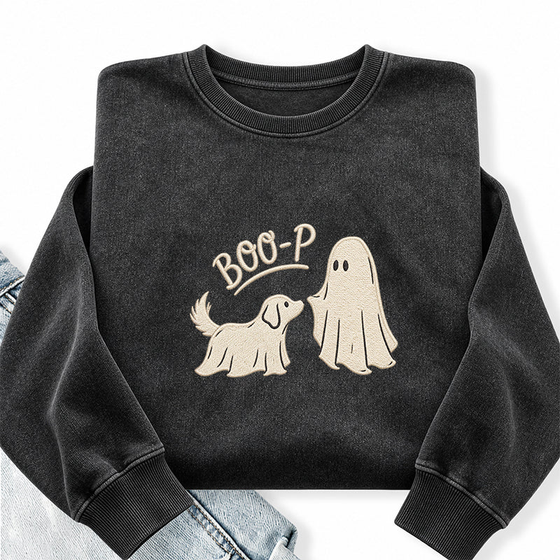 Embroidered Boo-P Ghost Dog Washed Crewneck Sweatshirt