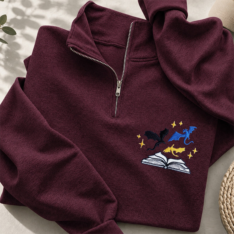 Embroidered Book And Dragon Classic Quarter Zip Sweatshirt
