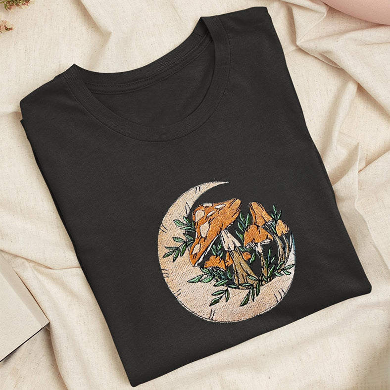 Embroidered Mushroom Moon Classic Adult Unisex Crew Neck T-Shirt