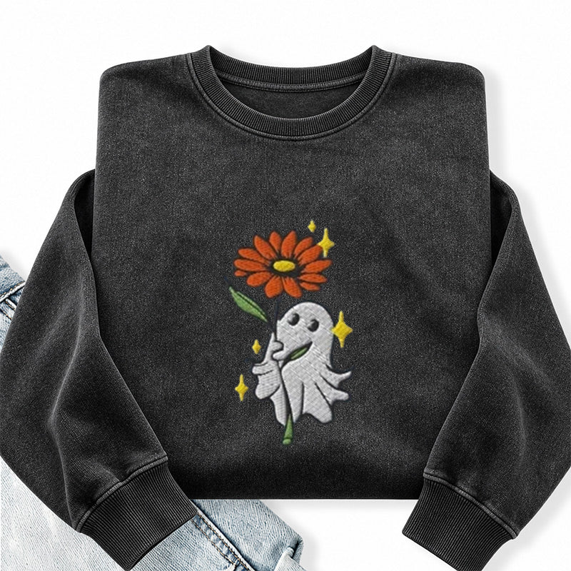 Embroidered Ghost Holding a Flower Washed Crewneck Sweatshirt